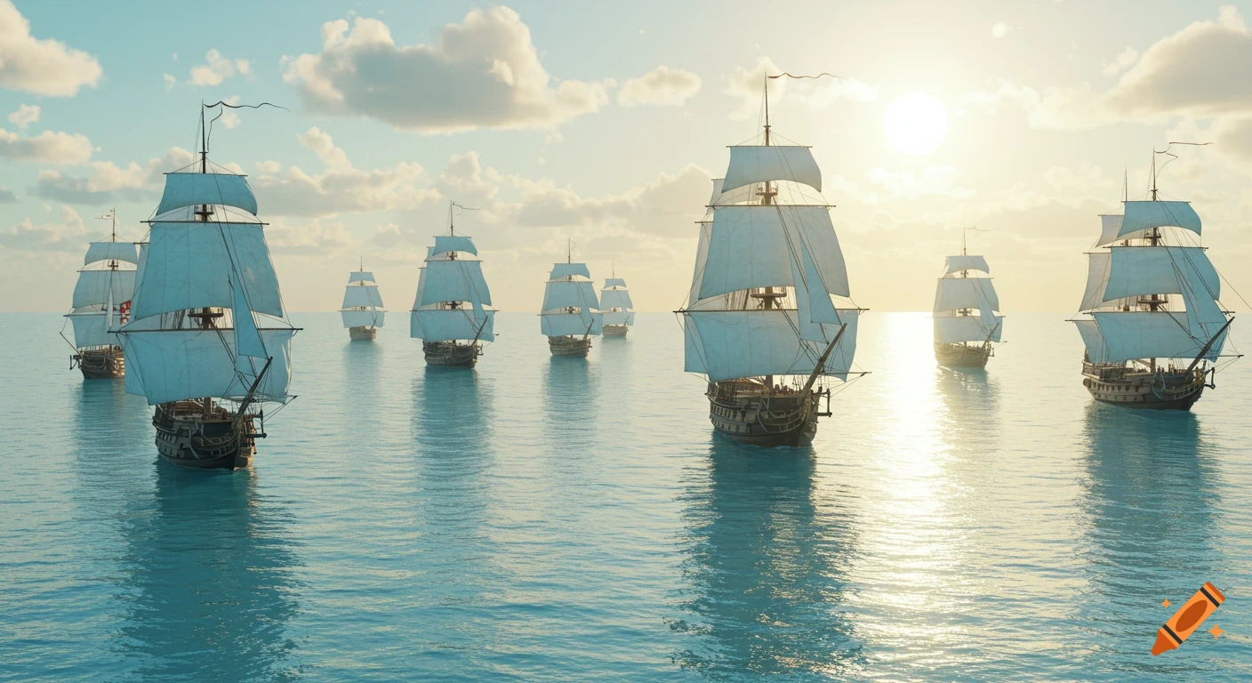 A fleet of sailing ships sails on a calm sea under a sunny sky.