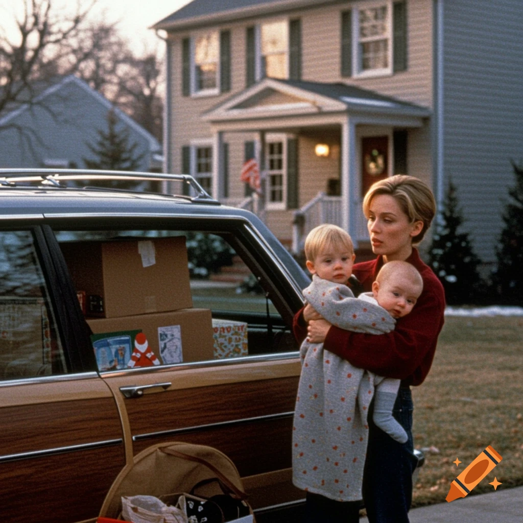 A woman holding two babies stands next to a packed station wagon in front of a house.