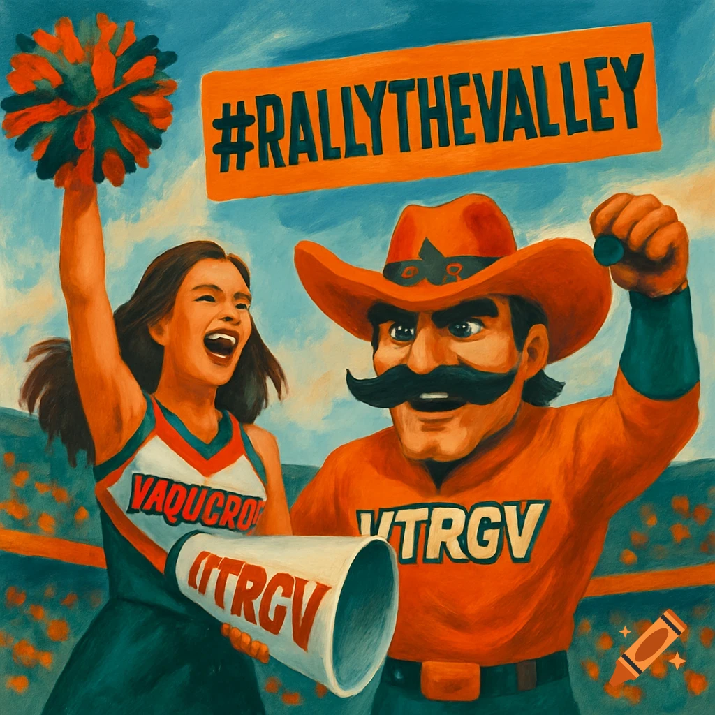 Painting of a cheerleader and mascot with a sign reading #RALLYTHEVALLEY at a stadium.