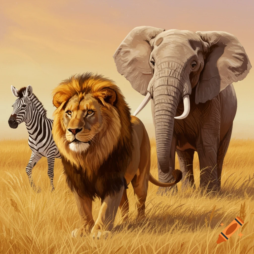 A lion, an elephant, and a zebra stand together in tall grass on a savanna.