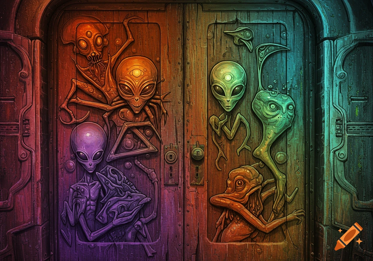 Illustrative carving of various aliens on a colorful wooden door.