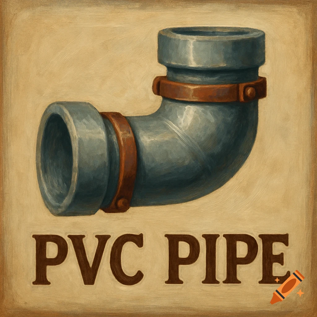 Painting of a grey PVC pipe with red bands above 'PVC PIPE' text.