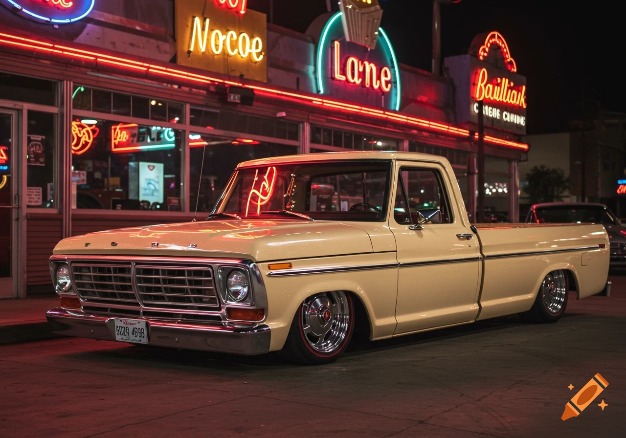 Cream vintage Ford pickup truck lowered on a street at night with neon signs.