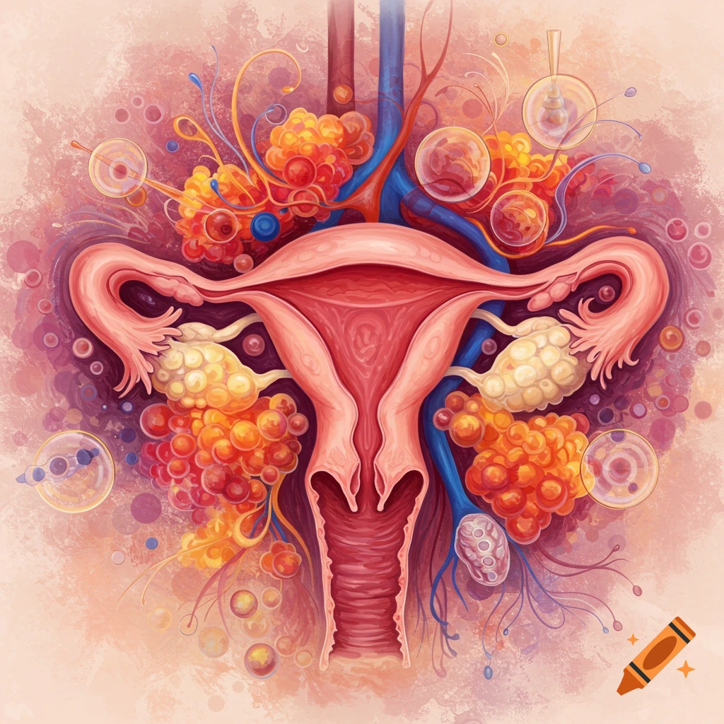 Detailed illustration of the female reproductive system including uterus, ovaries, and fallopian tubes, in a textured, biological style.
