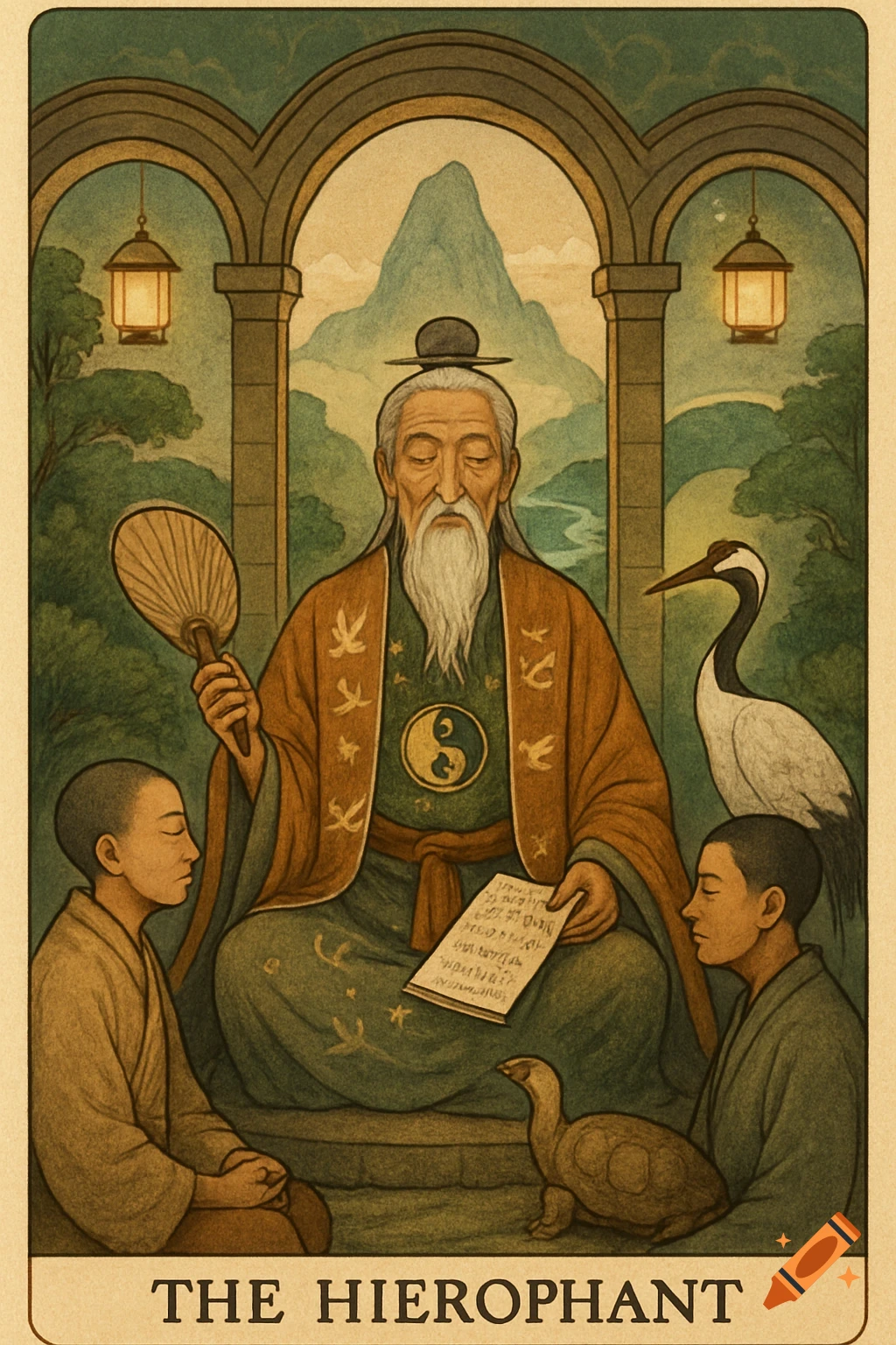 A stylized illustration of a wise old man in a robe sitting under arches, holding a fan and a scroll, with two disciples, a crane, and a tortoise. Text at the bottom reads 'THE HIEROPHANT'.