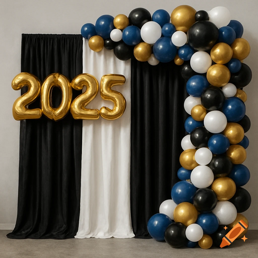 Black and white backdrop with a blue, black, white, and gold balloon garland and gold 2025 balloons.