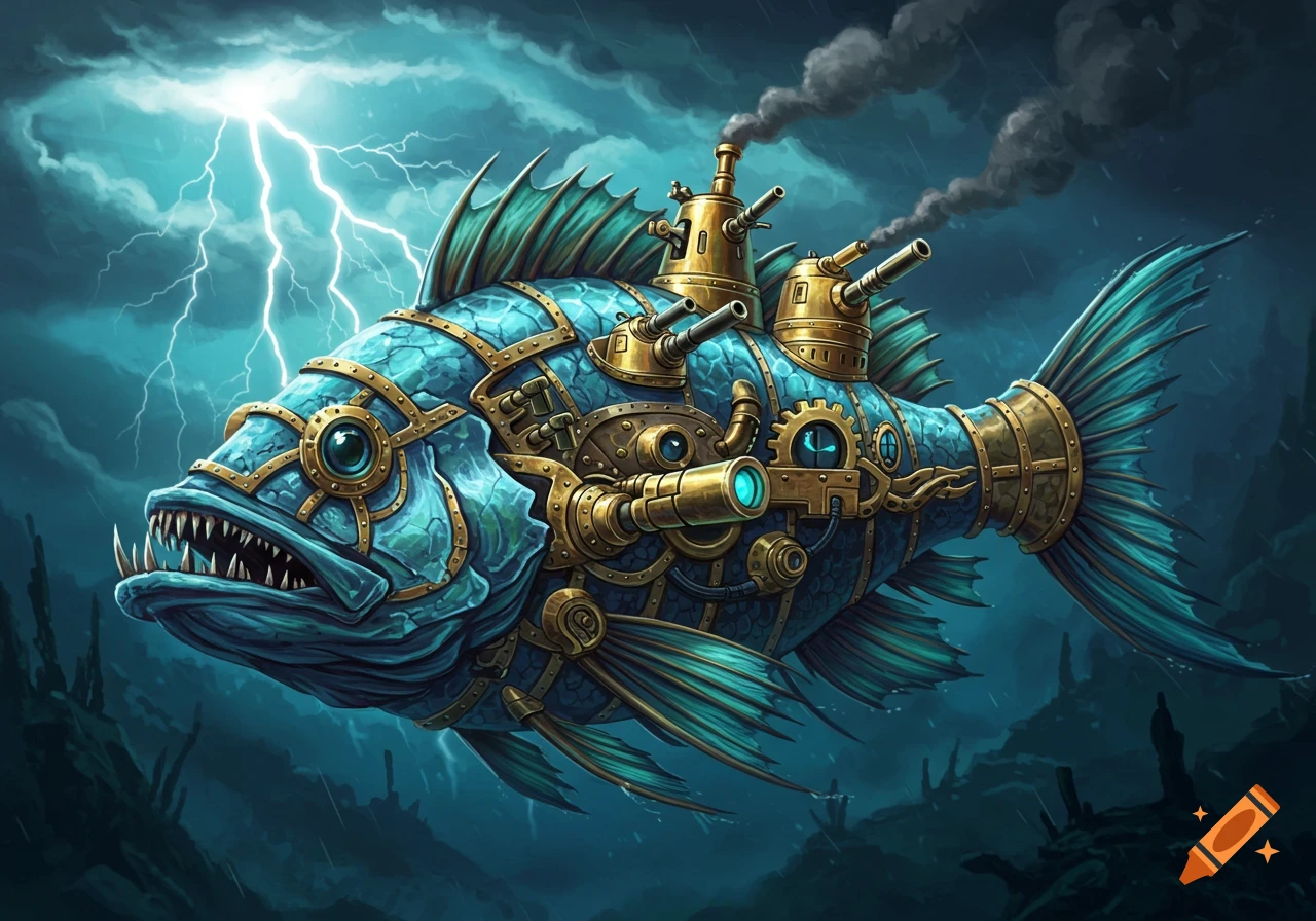 A detailed illustration of a steampunk fish war machine swimming through a dark, stormy sea with lightning.