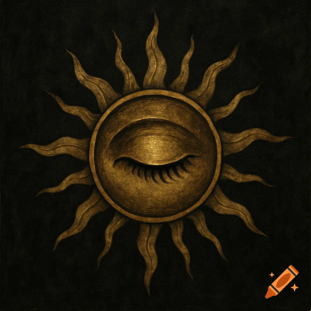 Stylized golden sun logo with a closed eye on a dark background.