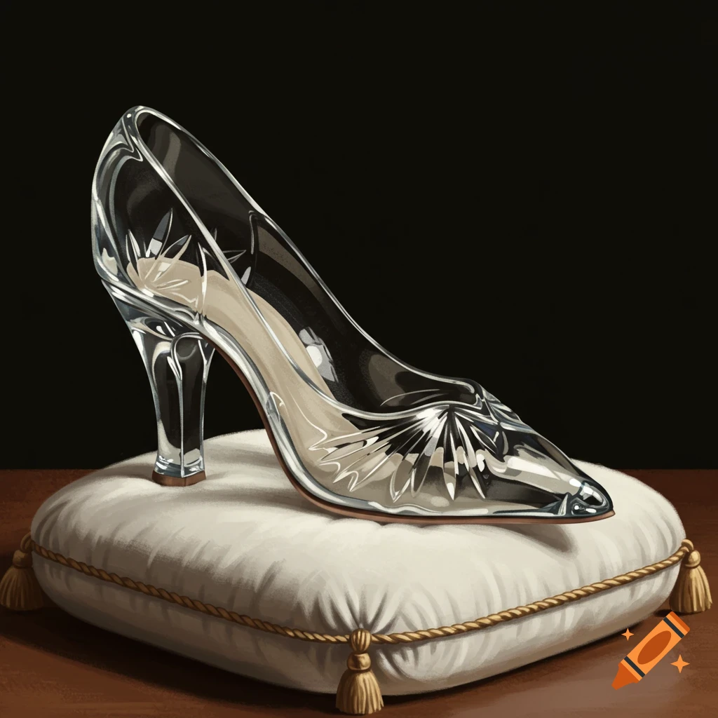 A glass slipper rests on a white cushion with gold trim against a dark background.