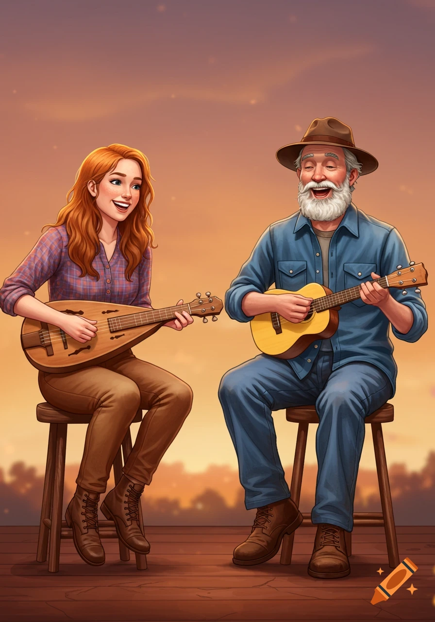 Two people playing a mountain dulcimer and ukulele outdoors at sunset, illustration style.