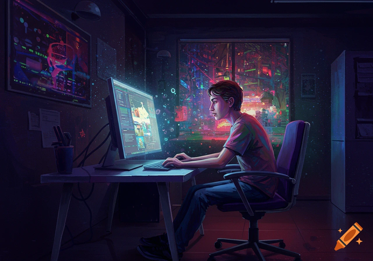 A person works on a glowing computer in a dark room with a futuristic city visible outside the window.
