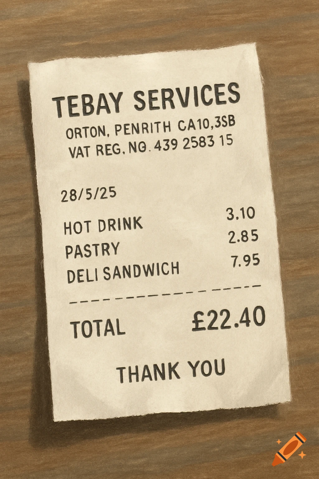 A close-up photo of a paper receipt from Tebay Services, showing the date, items purchased, total price of £22.40, and Thank You message.
