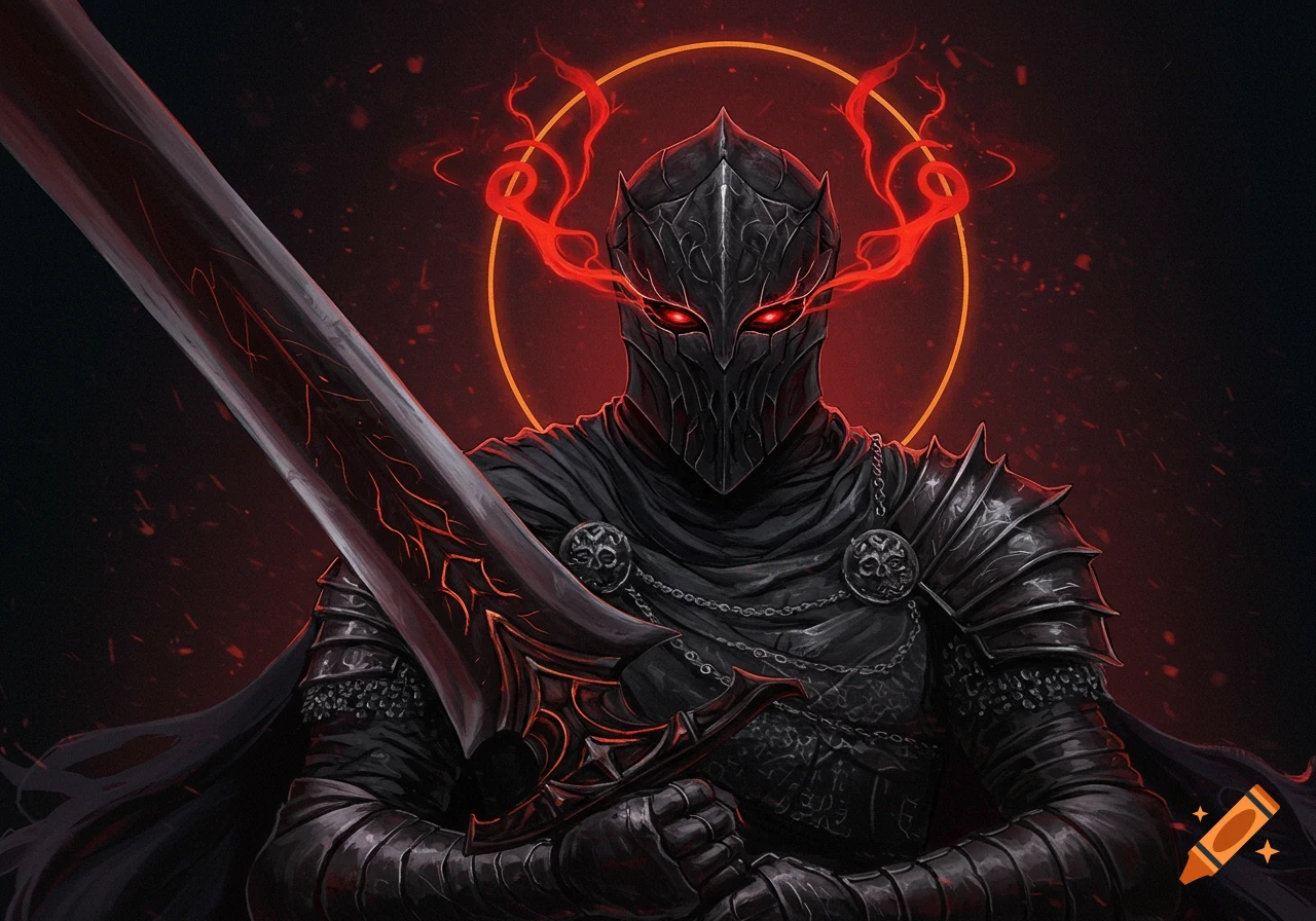 Dark fantasy illustration of a knight in black armor with glowing red eyes and a large sword, silhouetted against a dark background with a red halo.