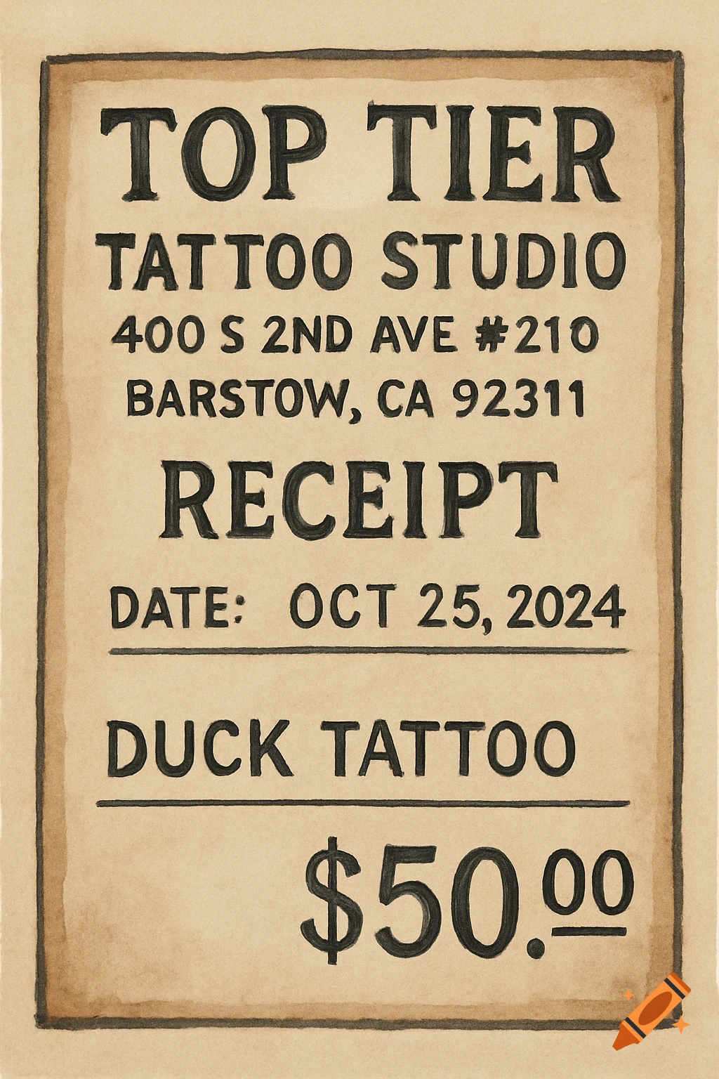 An illustration of a receipt for a duck tattoo.
