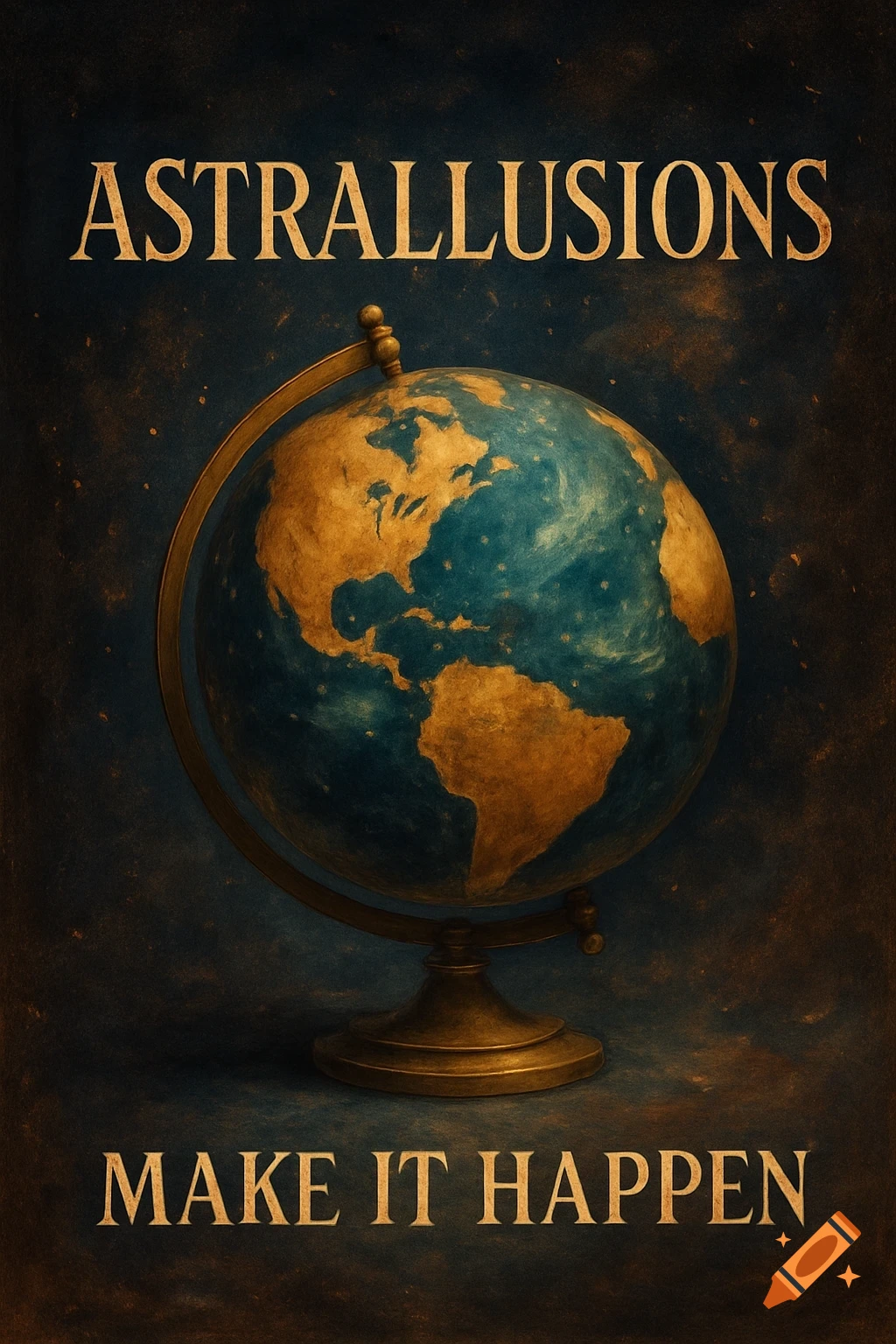 Vintage globe with text 'Astraallusions' and 'MAKE IT HAPPEN' on a dark, textured background.