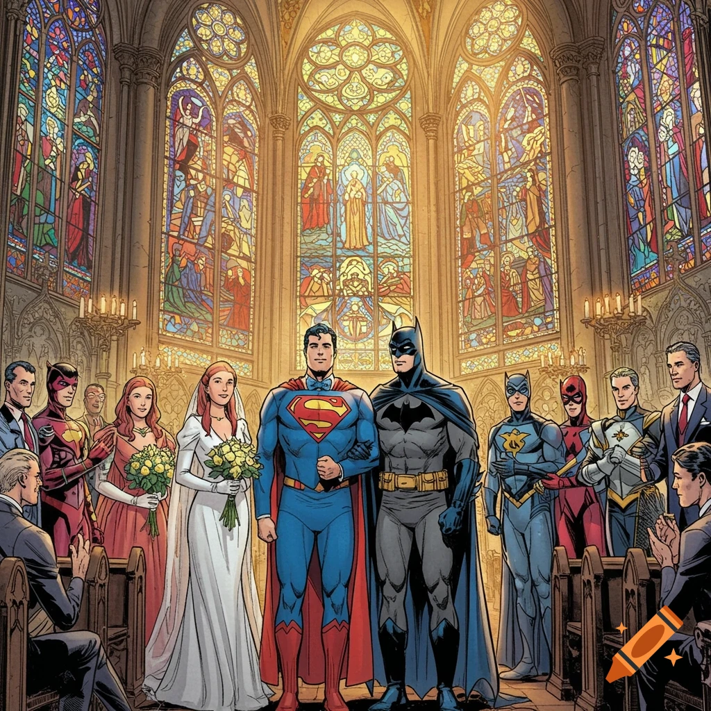 Superman and Batman wed in a church surrounded by heroes in comic book art style.