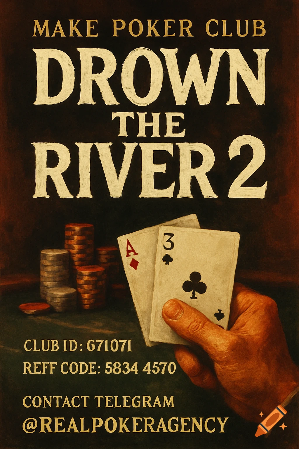 Poker club poster with text, chips, and playing cards