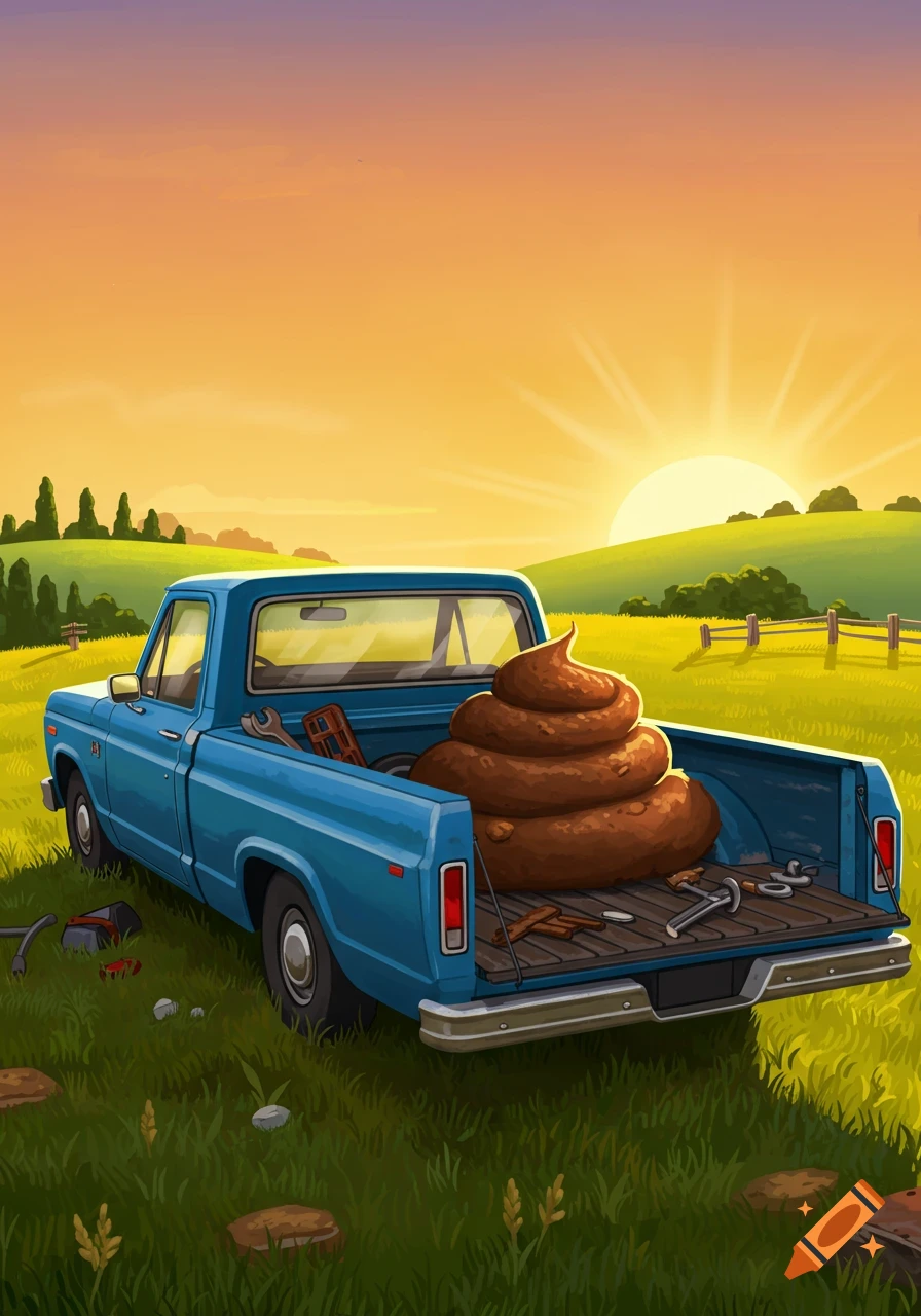 A blue pickup truck carries a large pile of poop in a rural field at sunset, illustrated in a cartoon style.