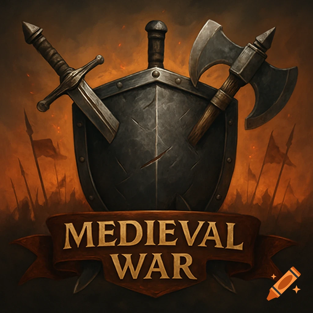 Medieval war logo with shield, crossed sword and axe, and banner text.
