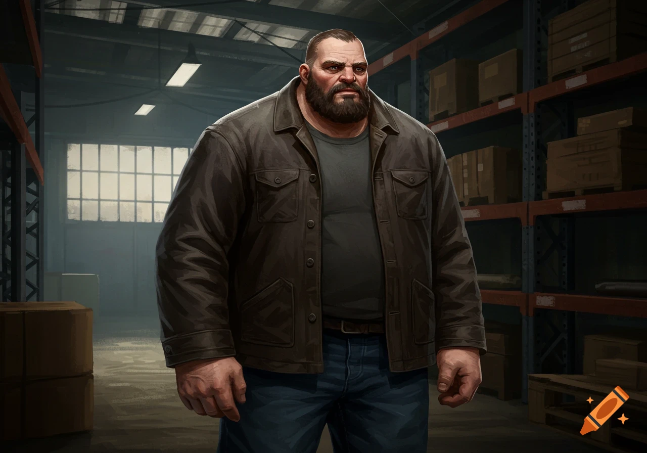 A large, muscular man with a beard stands in a warehouse.