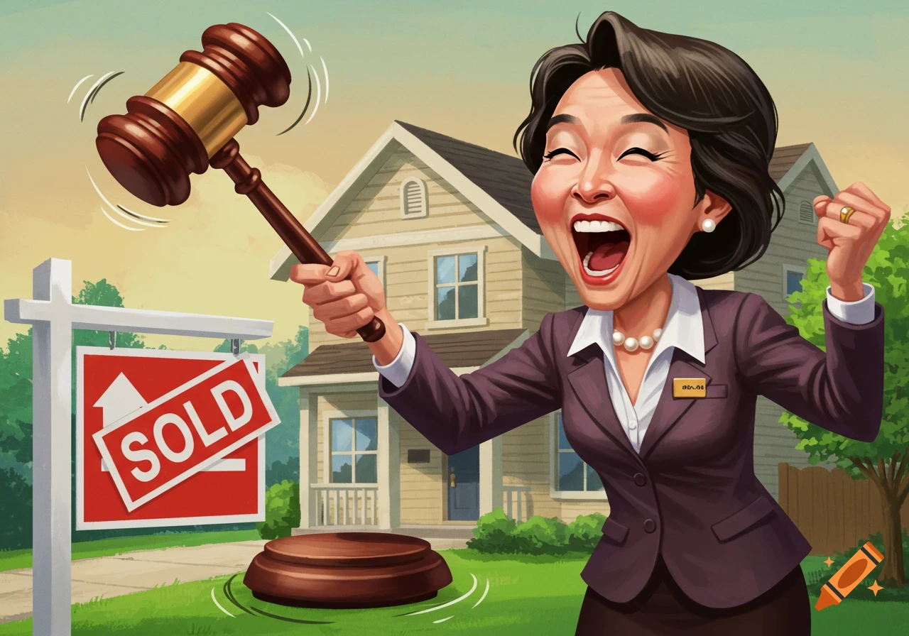 Cartoon real estate agent celebrates selling a house with an auction gavel
