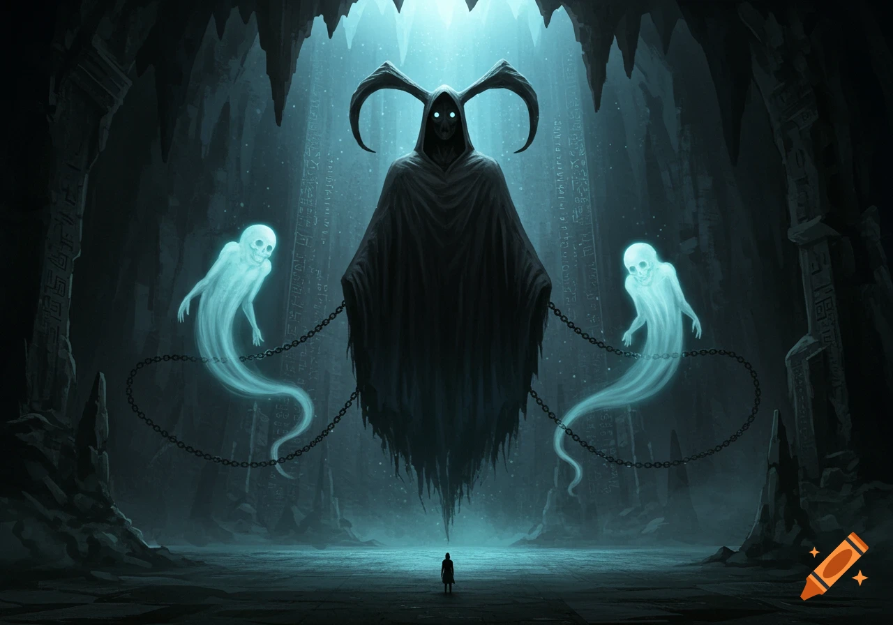 A large, horned figure in a black cloak floats in a dark cave, chained to two glowing ghosts, with a small person below.