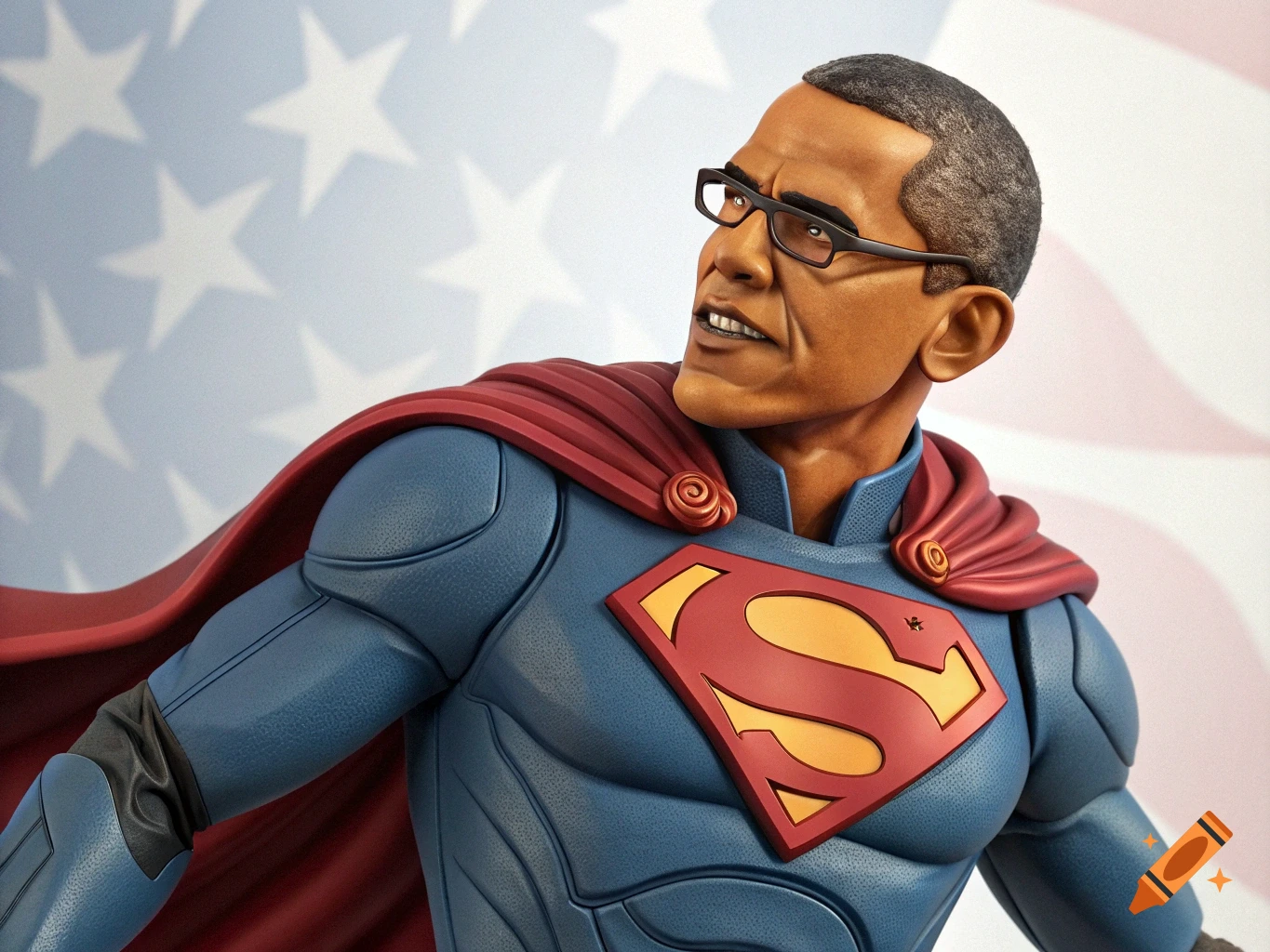 Barack Obama depicted as an action figure in a blue and red superhero suit with a cape, against a background of stars.