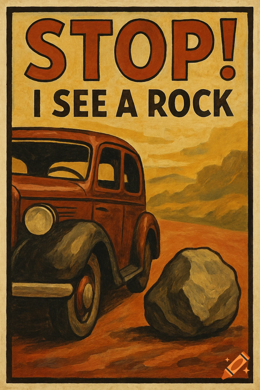 Vintage poster of a red car stopping near a rock on a dirt road. Text reads 'STOP! I SEE A ROCK'.