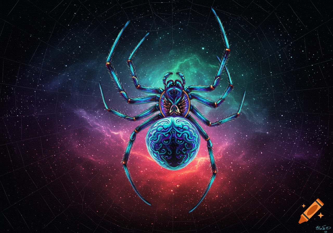 Stylized illustration of a multi-colored spider with a patterned abdomen against a cosmic background.
