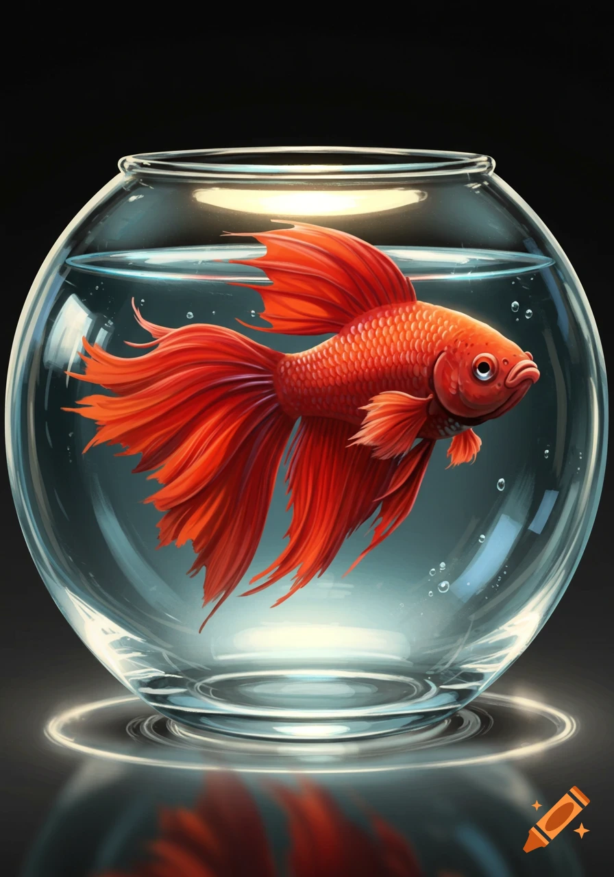 A vibrant red fish with flowing fins in a glass fishbowl