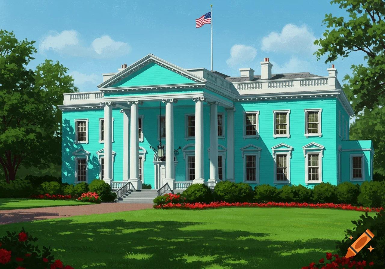 Illustration of a teal White House with an American flag on a pole, surrounded by green lawn and trees.