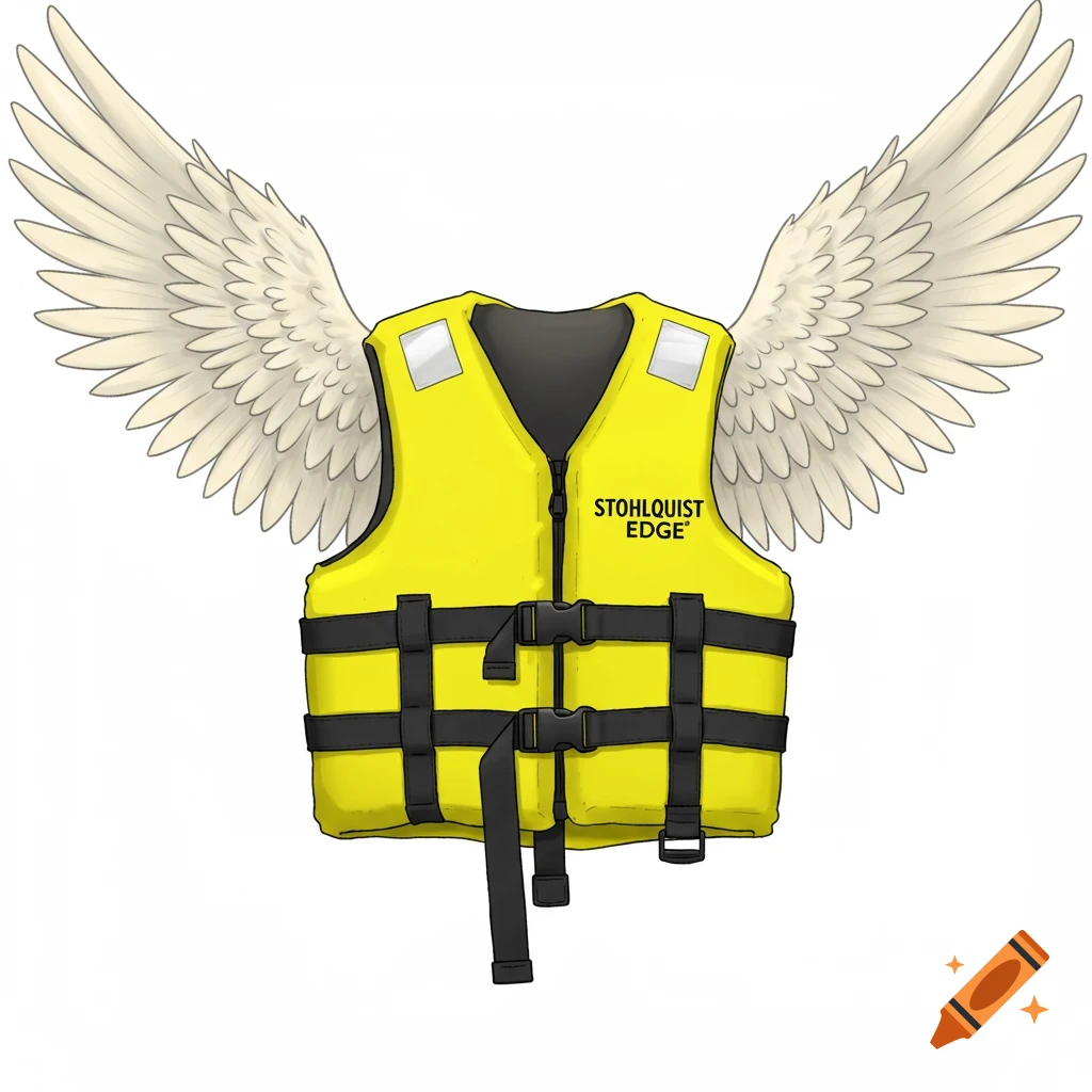 Drawing of a yellow life jacket with angel wings behind it.