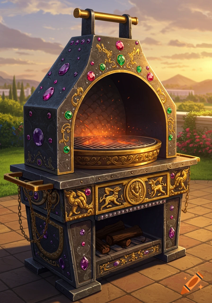 An ornate, jewel-encrusted grill sits on a patio in a garden at sunset.