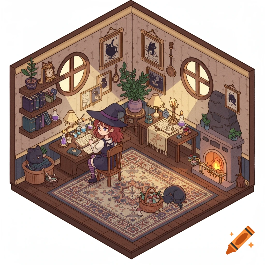 Isometric view of a cute witch studying in a cozy room filled with books, potions, cats, and a fireplace.