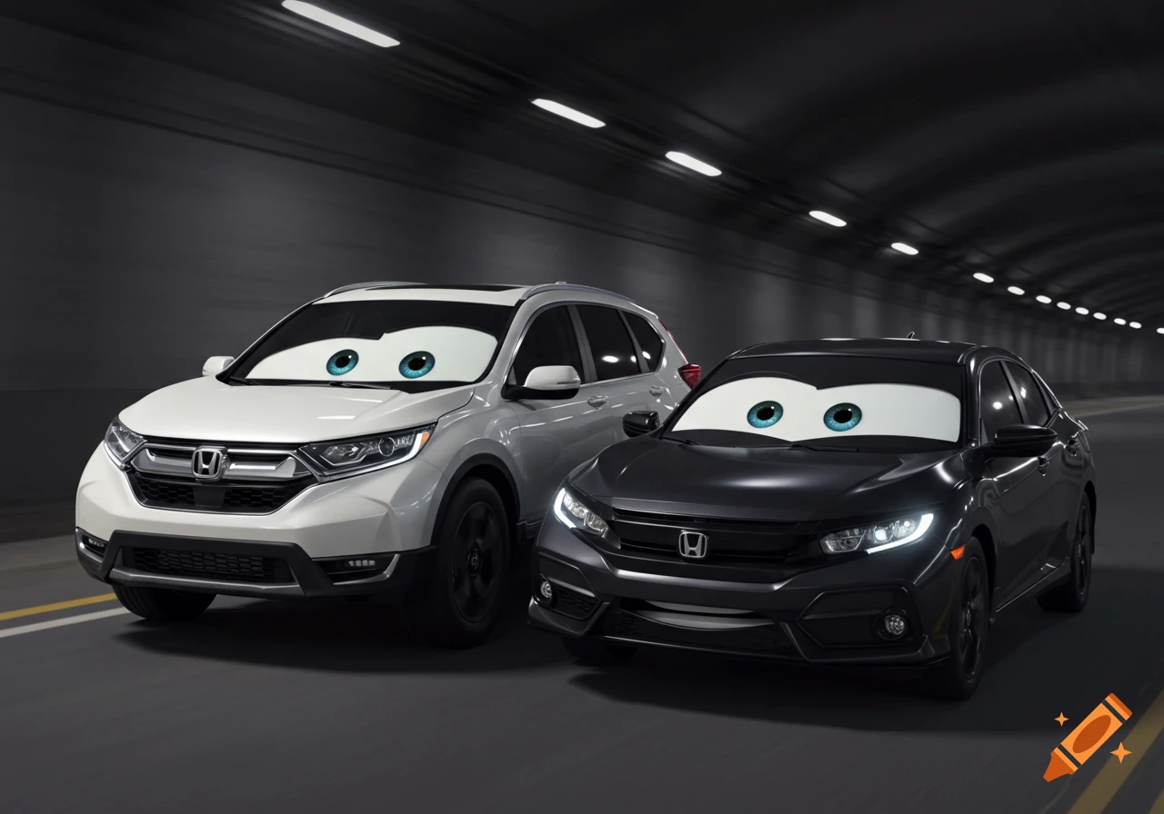 White Honda CR-V and black Honda Civic with animated eyes driving in a tunnel, Pixar Cars style.