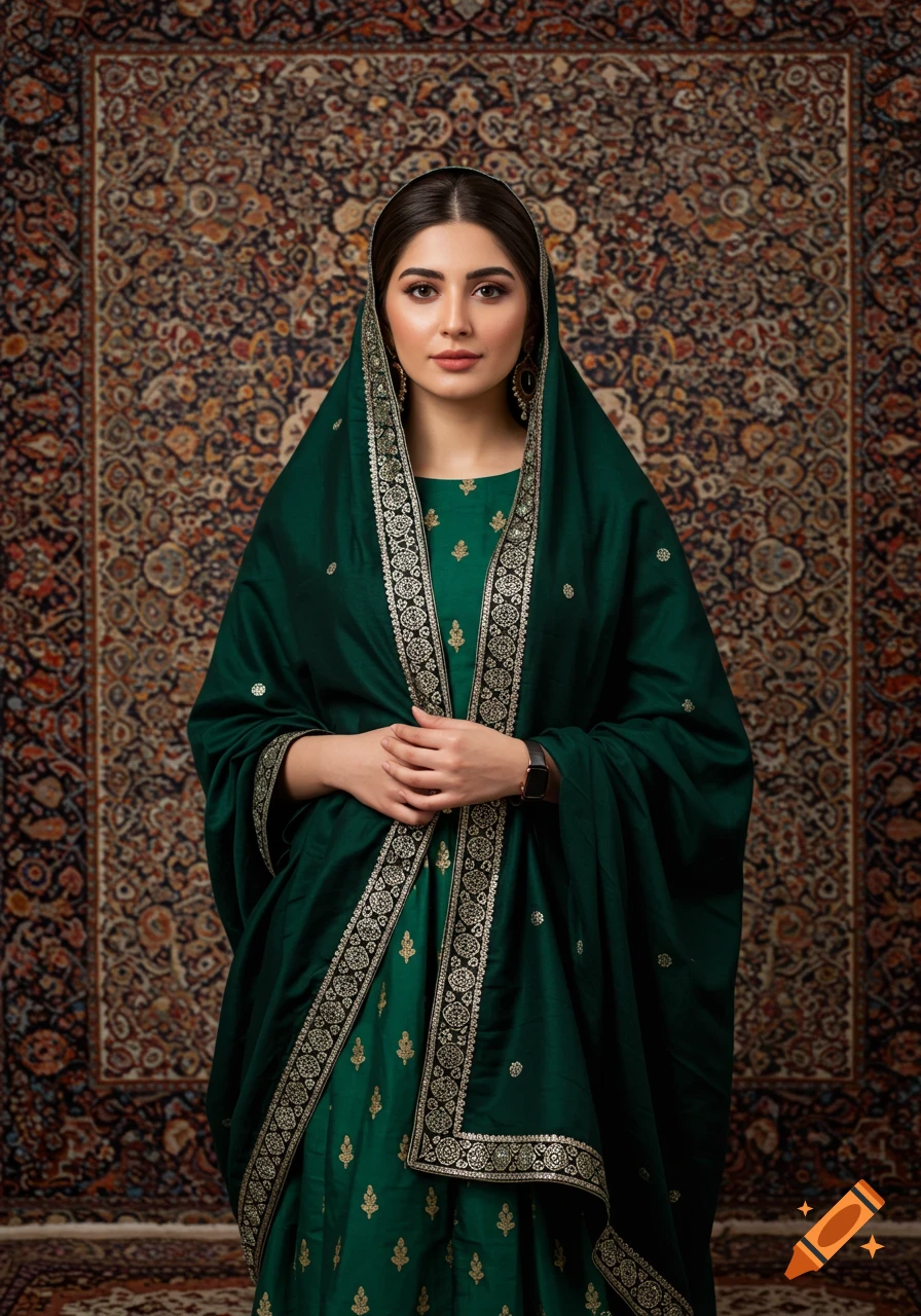 Young woman in a green dress and shawl stands in front of a patterned rug.