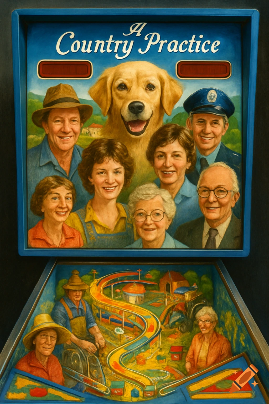 A pinball machine themed after the TV show A Country Practice, featuring characters and a dog on the back glass and a scene on the playfield.