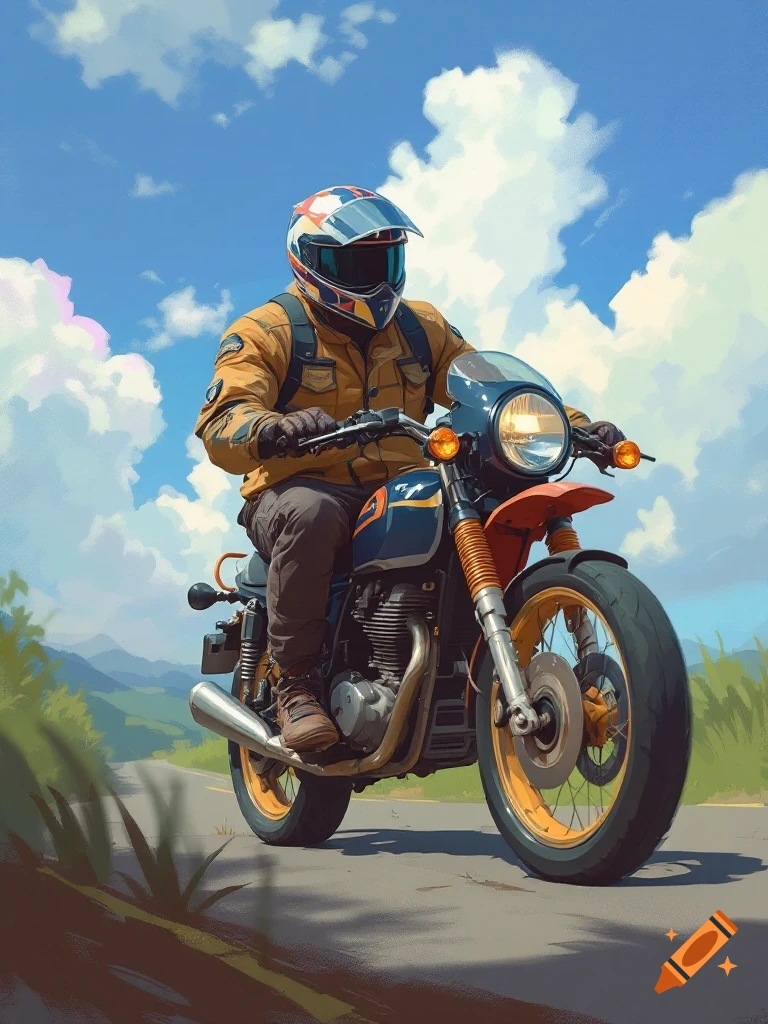 Digital painting of a person riding a motorcycle on a road under a cloudy sky.