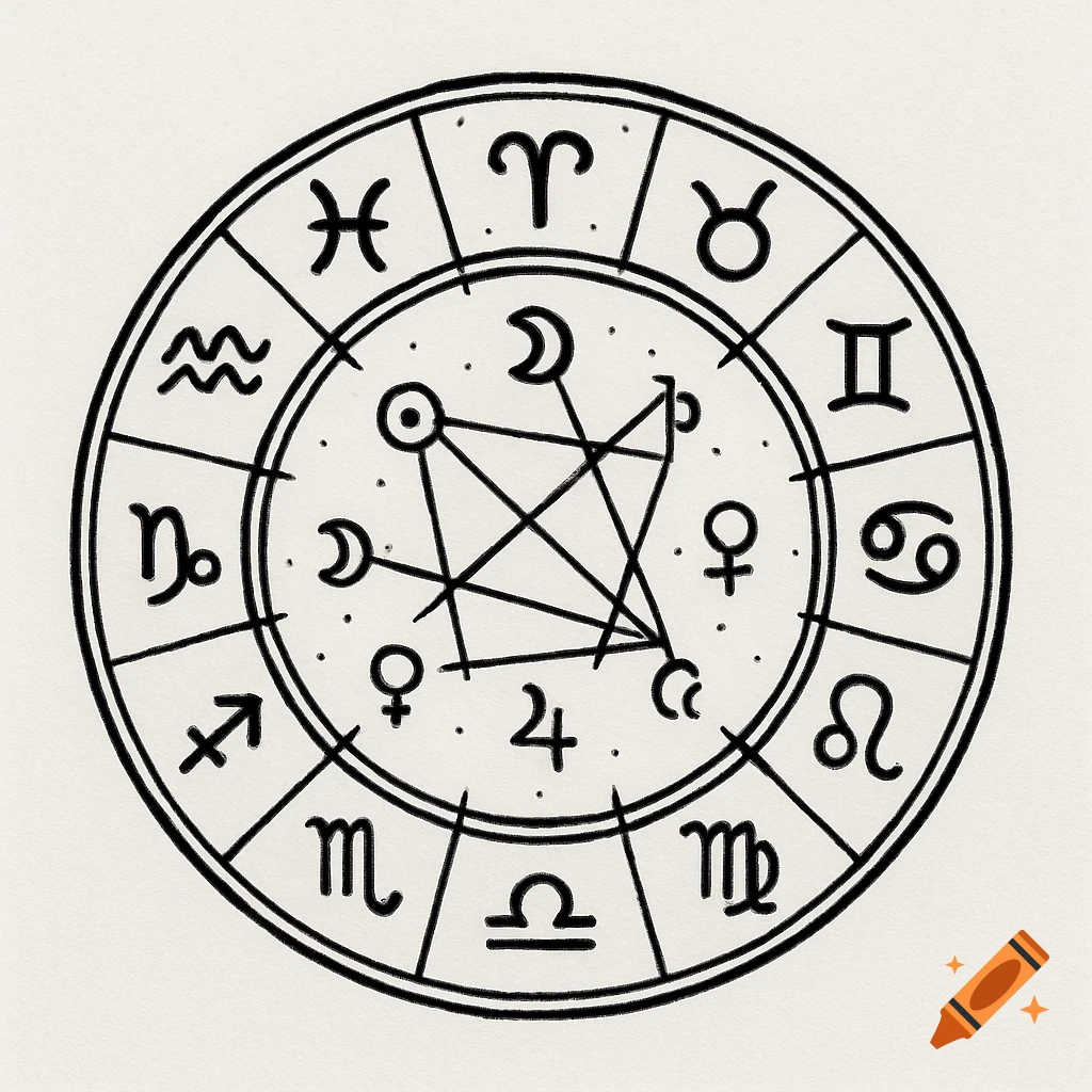 Black and white diagram of an astrological birth chart with zodiac signs and symbols.