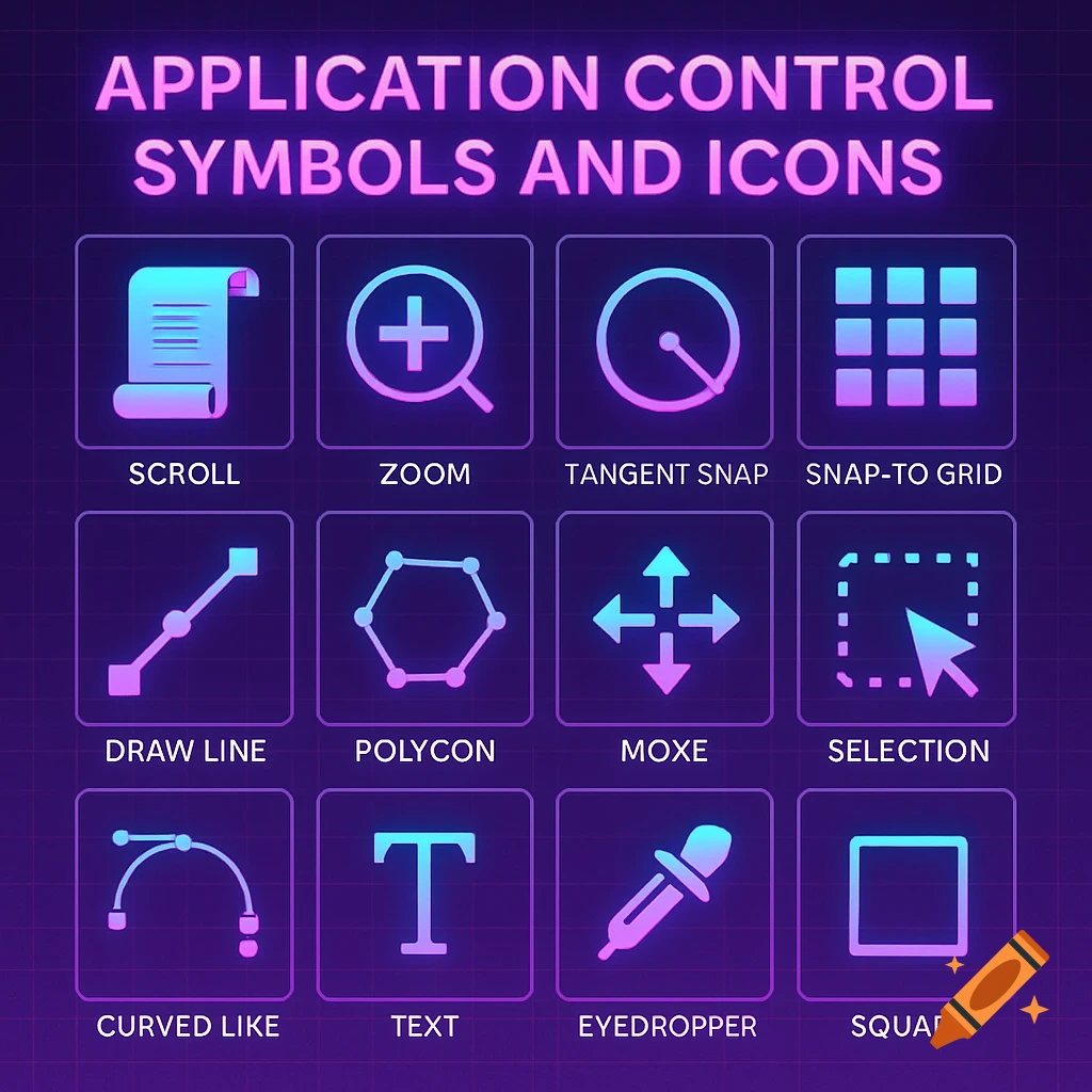 A grid of vaporwave style icons for application controls, including scroll, zoom, snap to grid, draw line, polygon, text, and eyedropper.