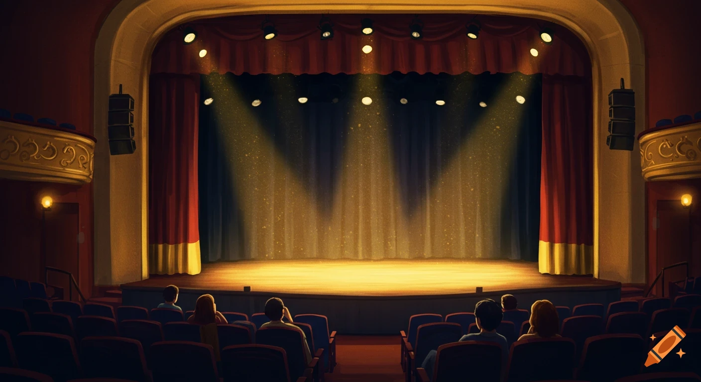 Illustration of an empty theatre stage illuminated by spotlights, viewed from the audience seats.