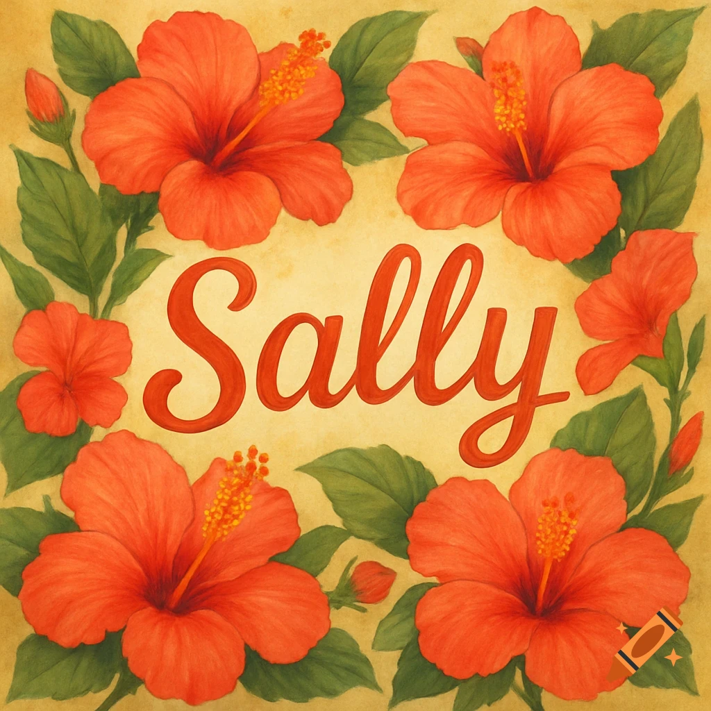 Watercolor illustration of red hibiscus flowers framing the name Sally in the center.