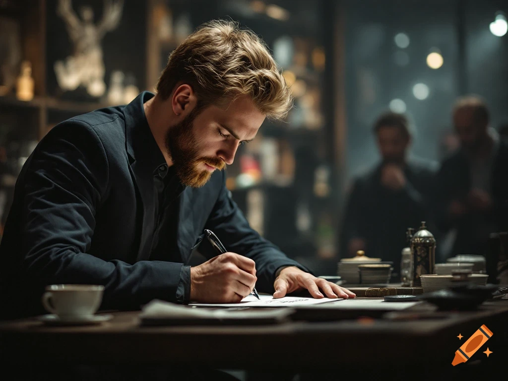 A man in a suit signs a document with a pen in a dimly lit room.