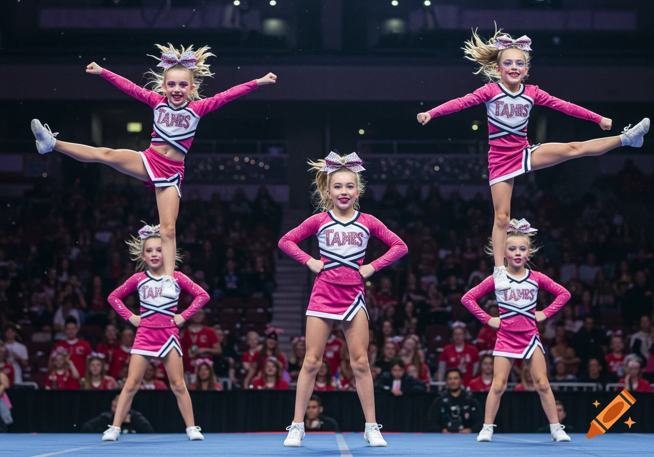 Young cheerleaders in pink uniforms perform stunts at a competition.