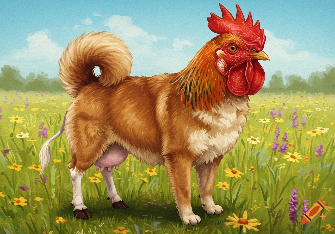 Illustration of a hybrid dog, chicken, and cow creature standing in a flowery field.