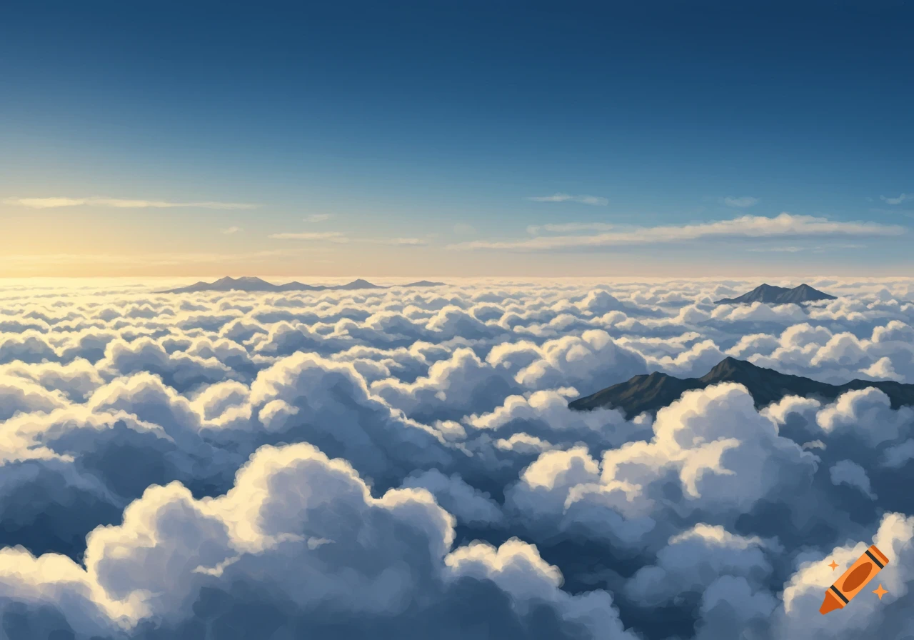 View above thick clouds with mountain peaks rising into a blue sky.