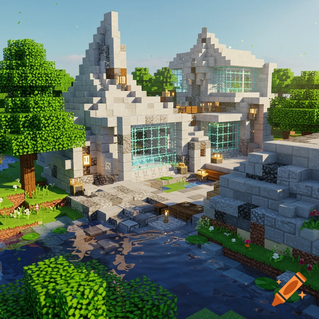Minecraft modern building with a pond and landscaping