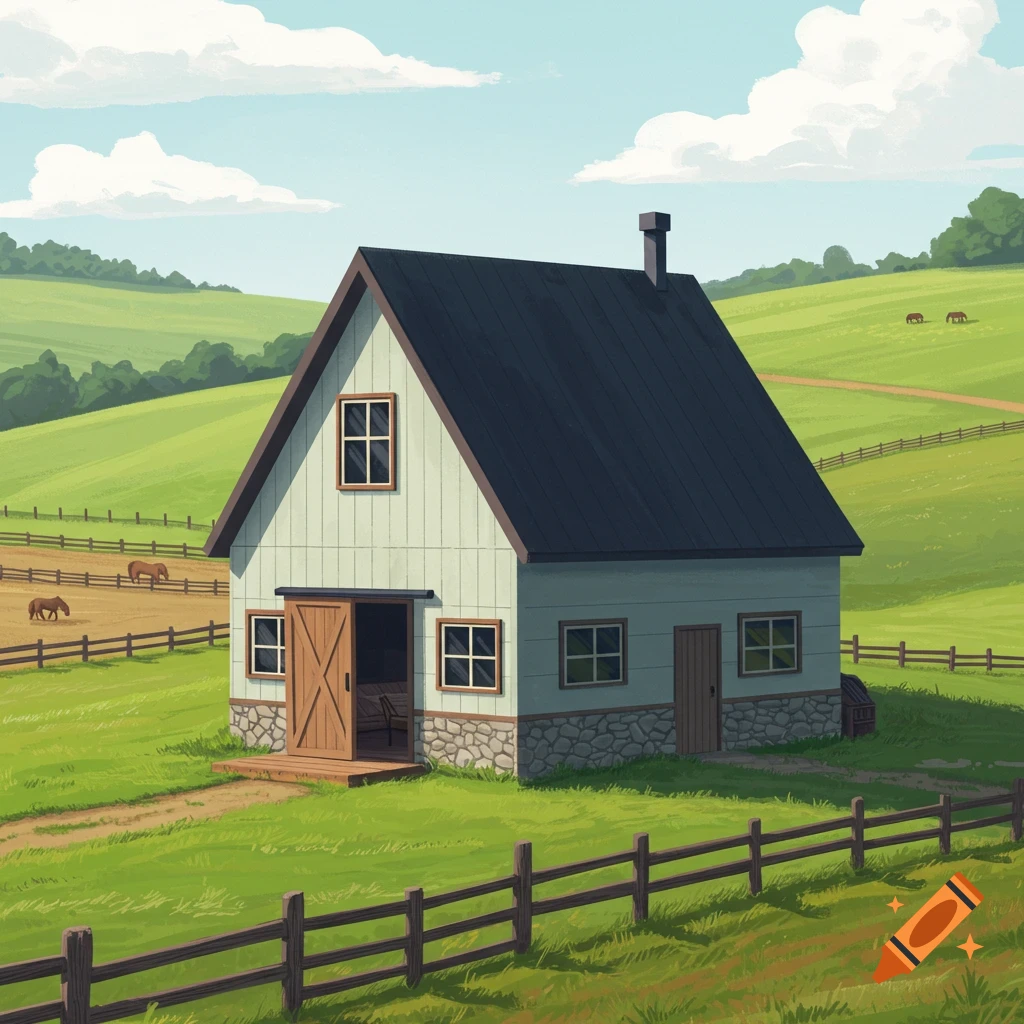 A white barn house stands in a green field with wooden fences and horses grazing.