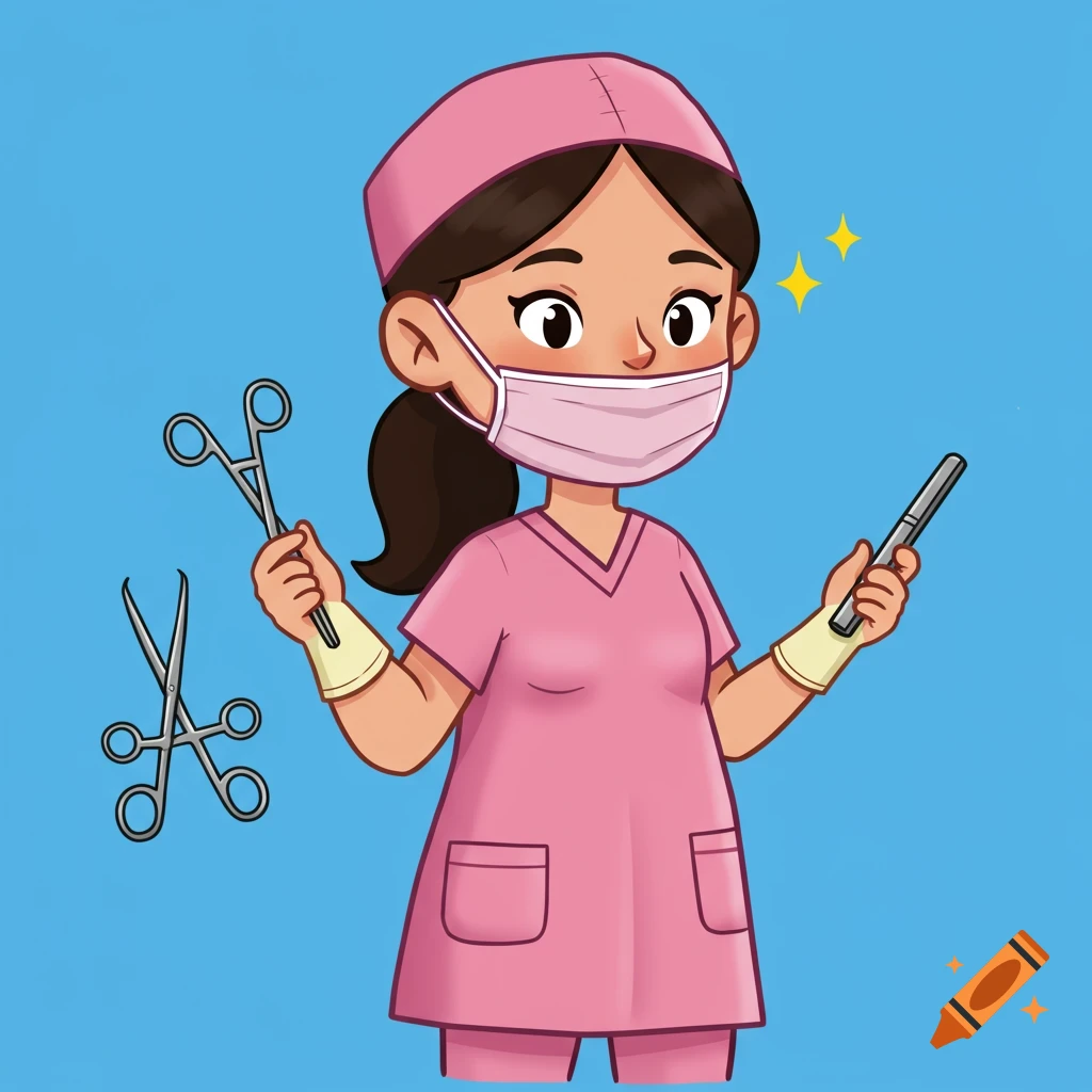 Clipart illustration of a female surgeon in mask and pink uniform holding surgical instruments.