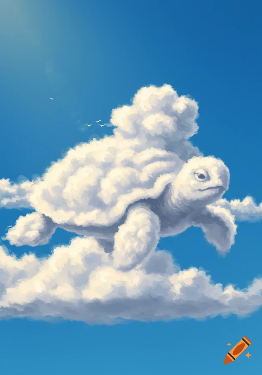A fluffy white cloud shaped like a turtle floats through a bright blue sky with small birds.